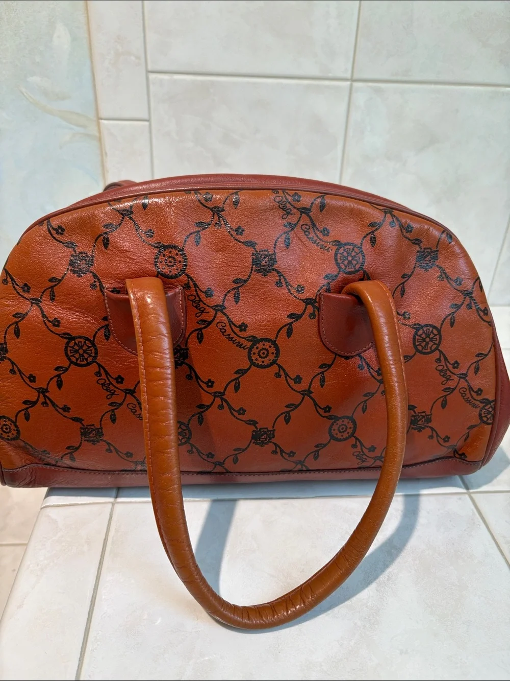 Oleg Cassini Vintage Logo Brown Two Tone Leather Satchel Handbag